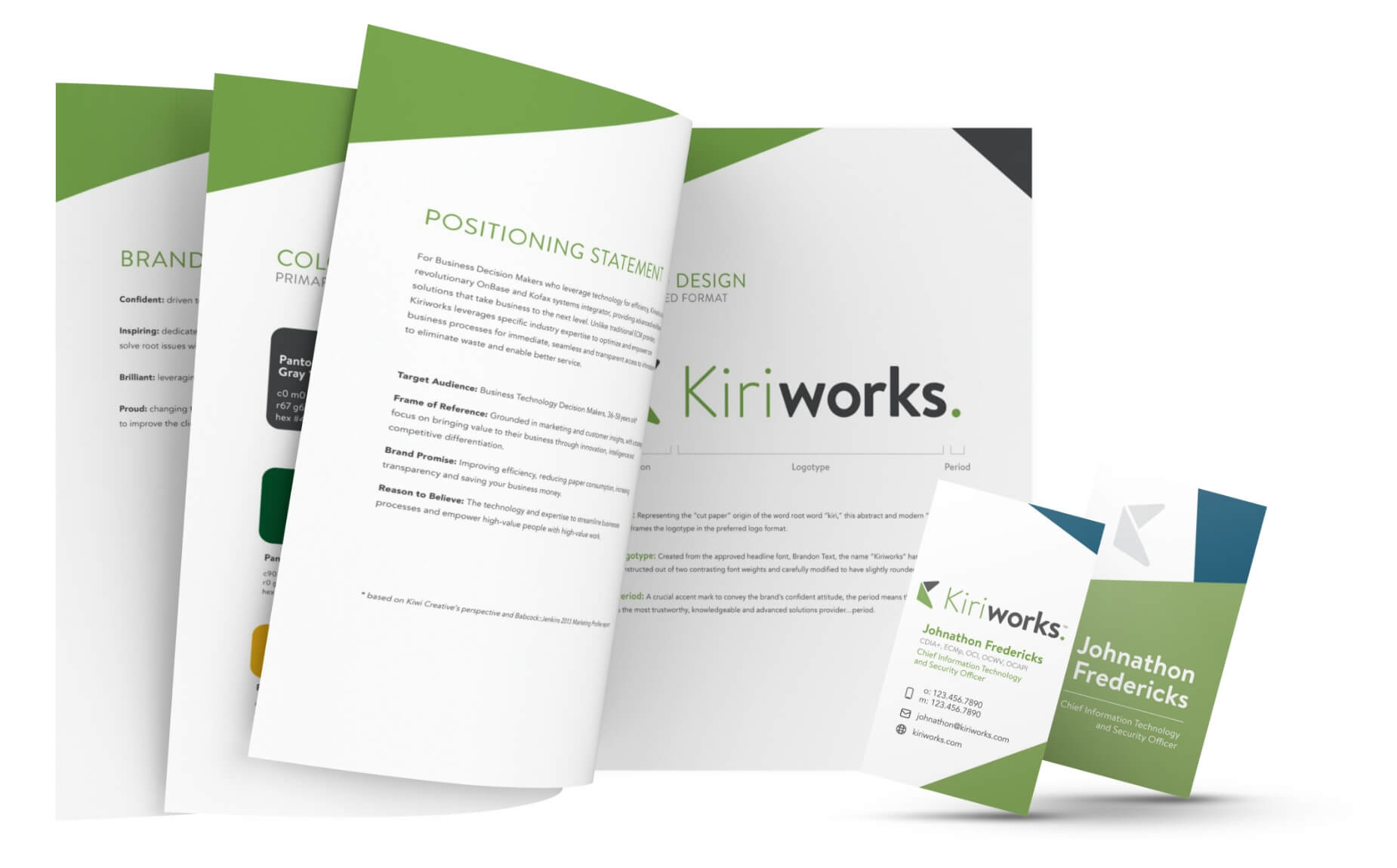 mockups of Kiriworks' brand guidelines and business cards