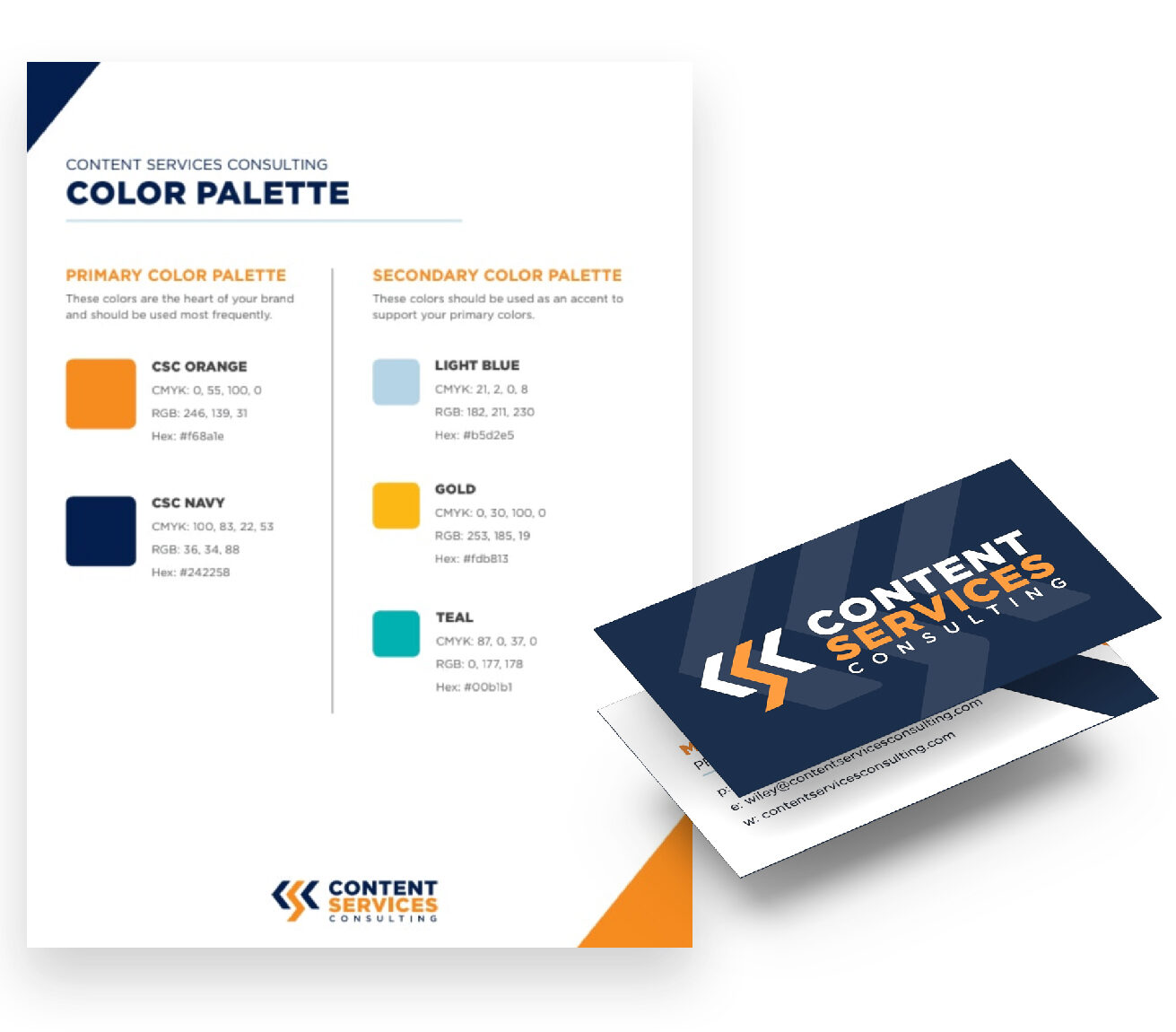 Content Services Consulting identity guidelines and business card mockup