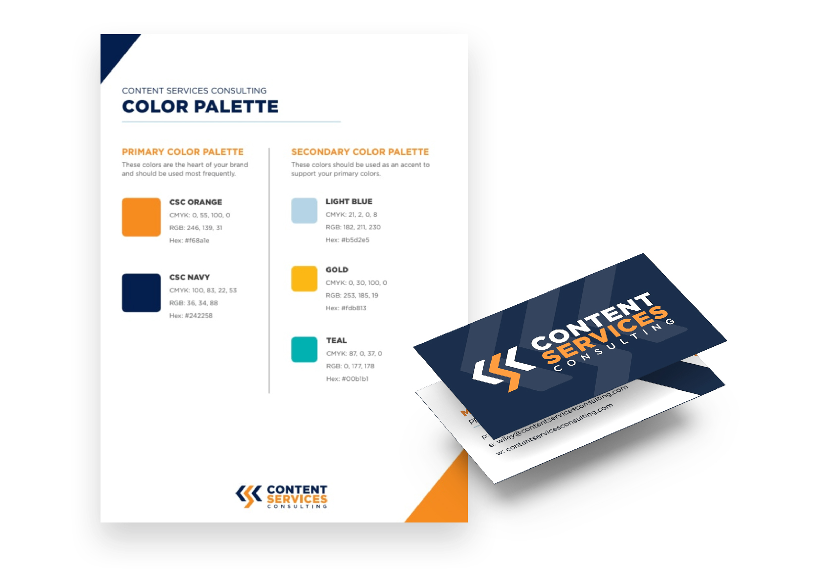 Content Services Consulting identity guidelines and business card mockup