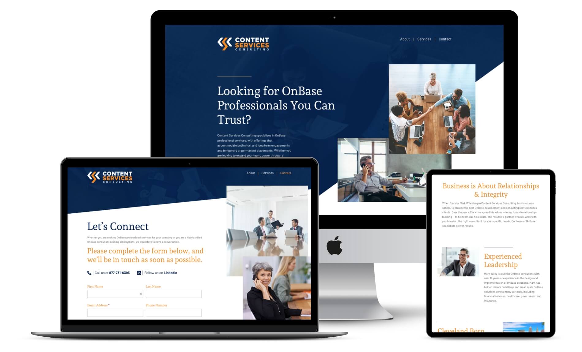 desktop, laptop, and tablet mockups of Content Services Consulting's website