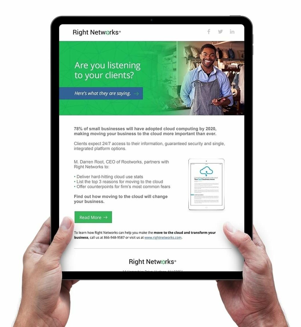 Right Networks email mockup on a tablet