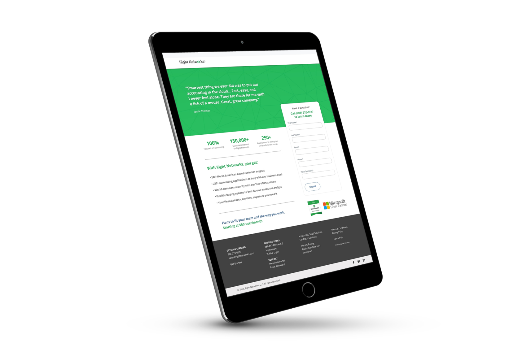 Right Networks landing page mockup on a tablet