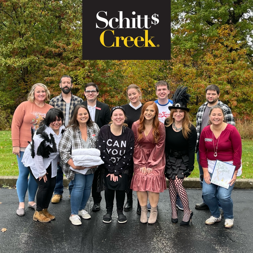 celebrating Halloween at Kiwi Creative dressed as various Schitt's Creek characters