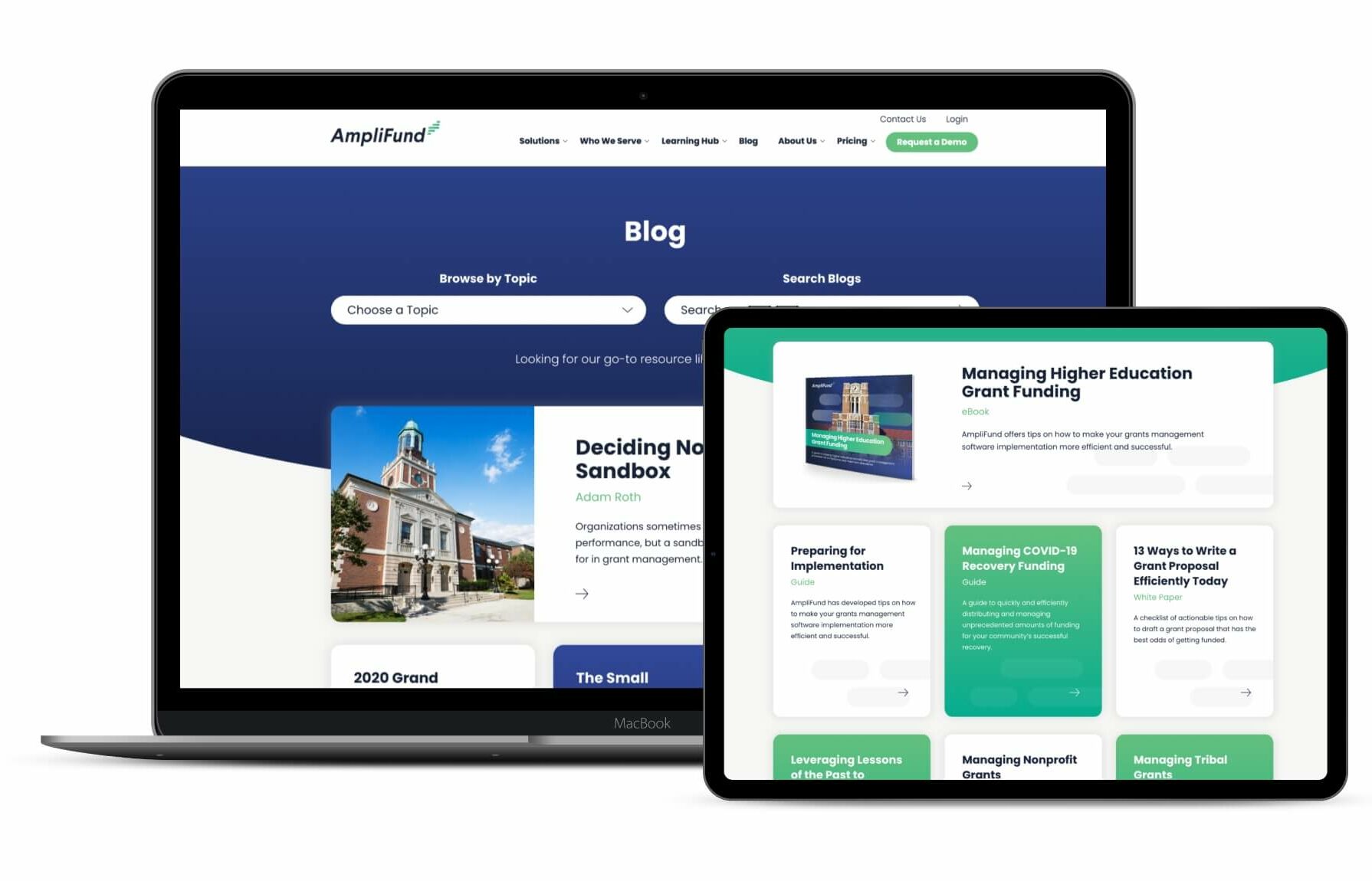 laptop and tablet mockups of Amplifund's blog