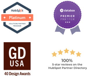 Kiwi Creative HubSpot Platinum Partner, Databox Premier Partner, GD USA, and 5-star HubSpot rating graphic